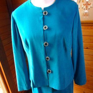 Vintage 12P Leslie Fay 2PC Suit Turquoise Suede Look Jacket & Skirt Women's Wear